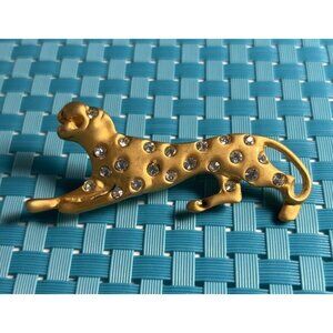 Gold tone Abstract Cougar Brooch with Rhinestones 2.5” Long Read *